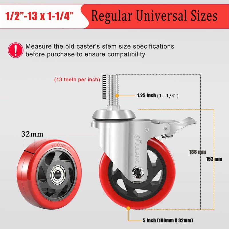 Julang 5 Inch Stem Caster Wheels Heavy Duty, 1/2 Threaded Stem Casters Set of 4 (1/2"-13x1.25) - 2800 LBS Load Capacity, PE Wheels for Machinery, Carts, Dollies, Workbenches & Furniture - Image 3